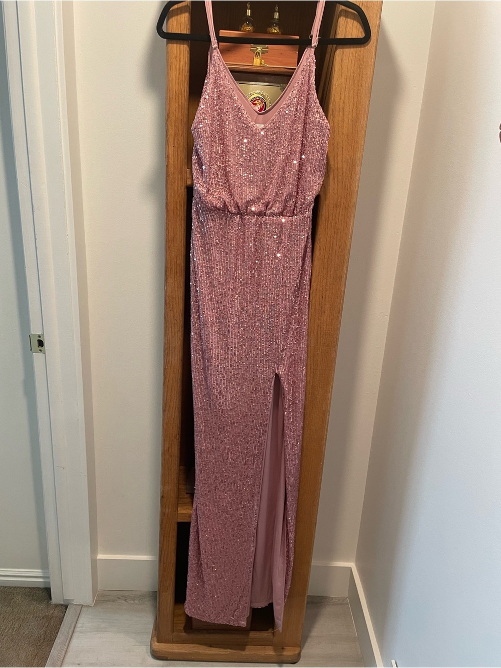 Blush Pink Sequin Spaghetti-Strap Prom Gown